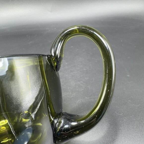 Hand Blown Dark Green Art Glass Pitcher Jug With Handle Hand Made Glassware VTG - Picture 9 of 13